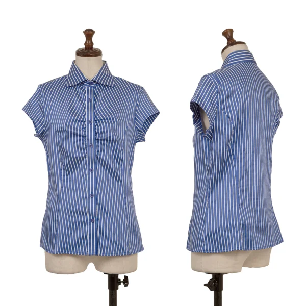 NARACAMICIE Striped Gathered French Sleeve Blouse Blue,White 2 K-174811_001