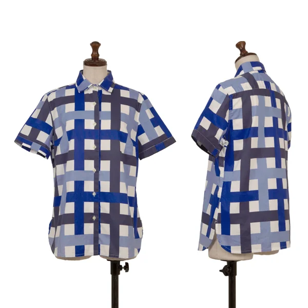 NARACAMICIE Line Check Pattern Cotton Short Sleeve Shirt Blue,White,Navy 2 K-174812_001