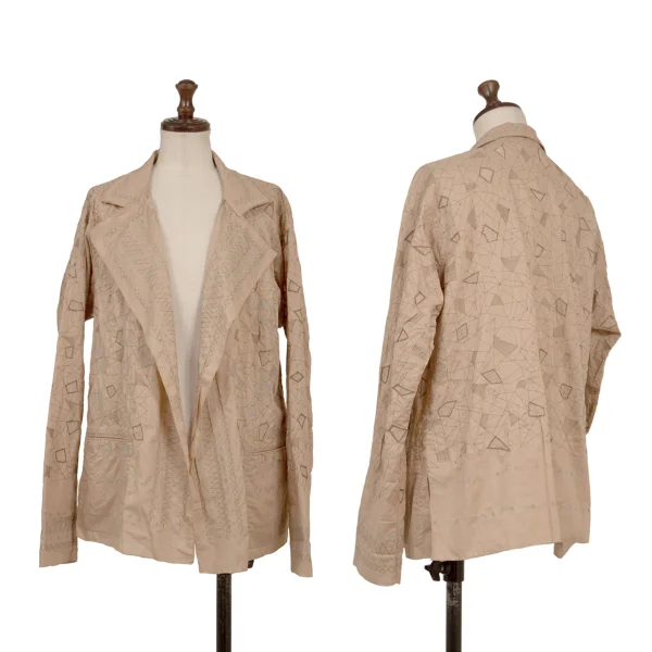 ISSEY MIYAKE HaaT Geometric Embroidery Buttonless Shirt Jacket Beige 2 K-174965_001
