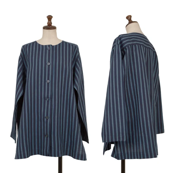 ISSEY MIYAKE PERMANENTE Cotton Linen Striped Collarless Jacket Navy,Blue M K-174968_001