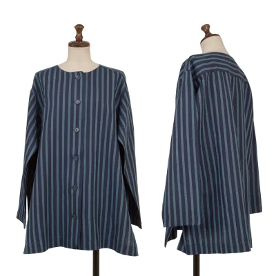 ISSEY MIYAKE PERMANENTE Cotton Linen Striped Collarless Jacket
