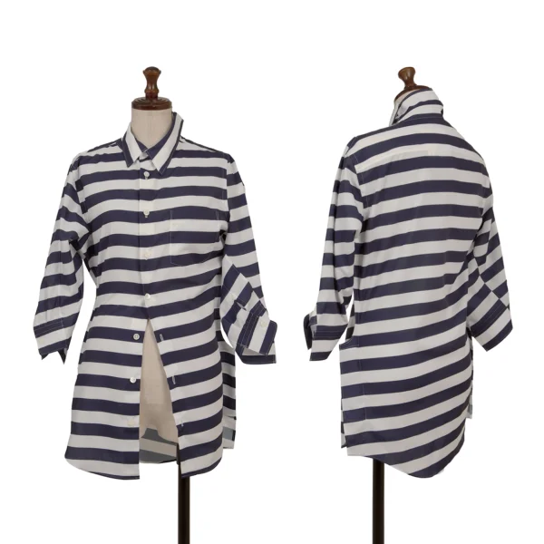 JUNYA WATANABE Poly Twisted Switching Design 3/4 Sleeve Stripe Shirt White,Navy S K-174989_001