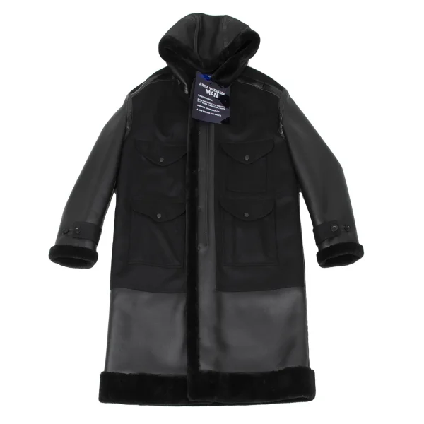JUNYA WATANABE×FILSON Back Check Panel Detail Faux Leather Hooded Coat Black L K-174997_001