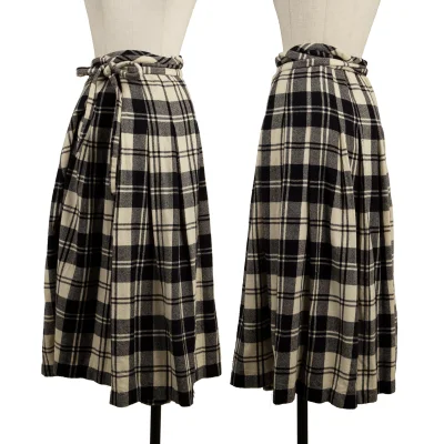COMME des GARCONS Wool Plaid Pleated Waist-string Skirt