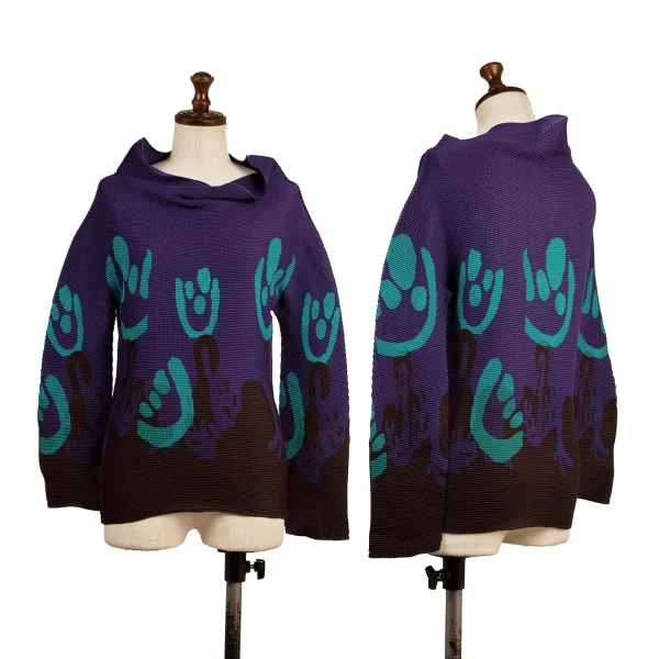 ISSEY MIYAKE me Graphic Print Wide High-neck Stretch Pleated Top Purple F K-175065_001