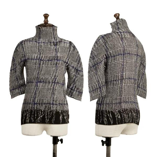 ISSEY MIYAKE me Plaid fabric Print High-neck Stretch Pleated Top Grey F K-175067_001