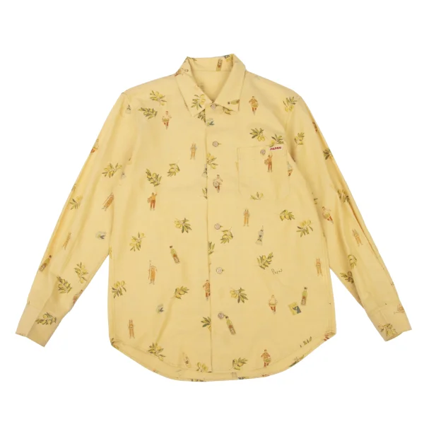 Papas Cotton Linen Olive Print Open Collar Shirt Yellow 46S K-175081_001