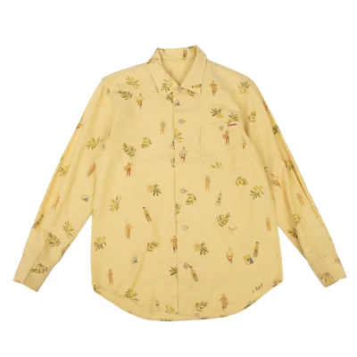 Papas Cotton Linen Olive Print Open Collar Shirt