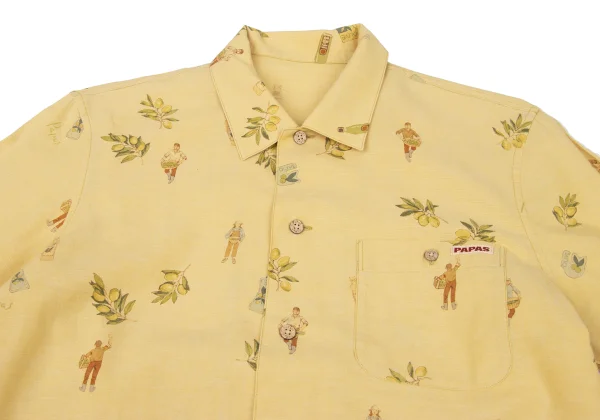 Papas Cotton Linen Olive Print Open Collar Shirt K-175081_002