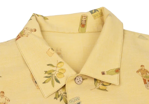 Papas Cotton Linen Olive Print Open Collar Shirt K-175081_003