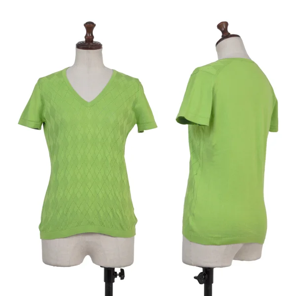 JOHN SMEDLEY Open-Stitch Argyle V-neck Knit Top Light Green S K-175191_001