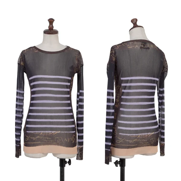Jean Paul GAULTIER FEMME Stripe Graphic Mesh Long Sleeve Top Multi-Color 40 K-175242_001