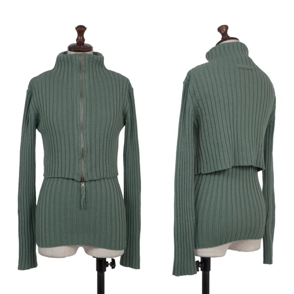 Jean Paul GAULTIER FEMME Wool Acrylic Layered Switching Design Rib Zip Knit Top Green 40 K-175243_001