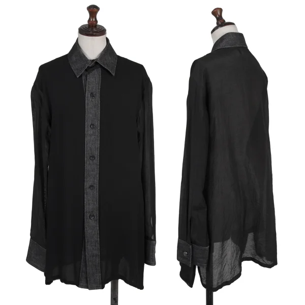 Yohji Yamamoto FEMME Cotton Silk Dungaree-Panel Shirt Black 1 K-175337_001
