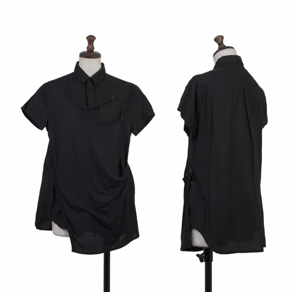 Y's PINK Front Layered Design Short Sleeve Shirt Black 2 K-175344_001