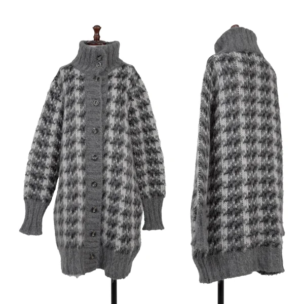 SPORTMAX Mohair Houndstooth Turtleneck Long Knit Cardigan Grey,White L K-175378_001