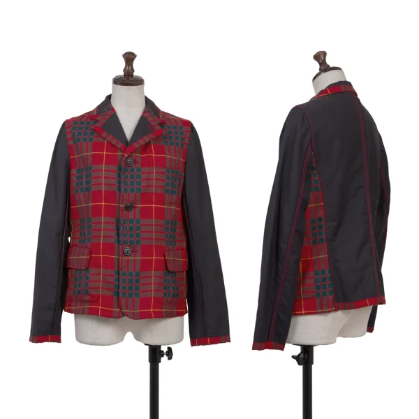 COMME des GARCONS Wool Check Inside-out Sleeve Switching Jacket Red,Black XS K-175379_001