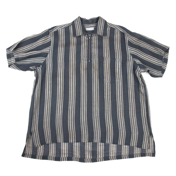 COMME des GARCONS HOMME Linen Half-Zip Striped Shirt Navy,Grey L-XL K-175415_001