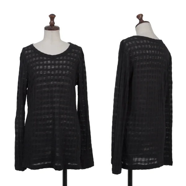 Y's Sheer Wool Plaid Weave Top Black 2 K-175454_001