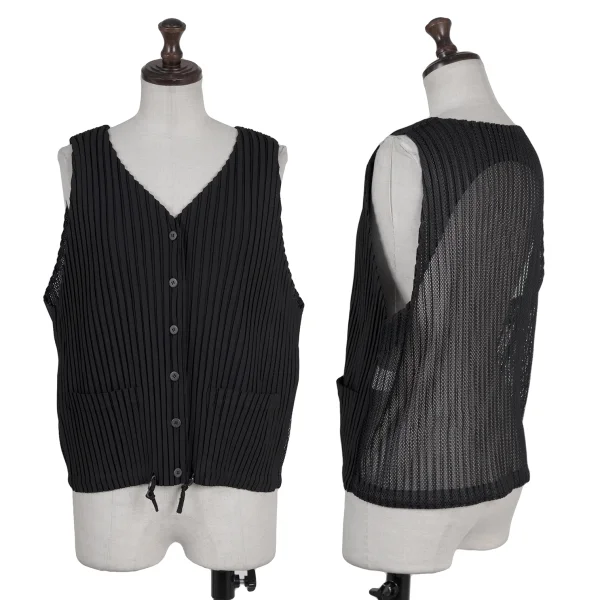 ISSEY MIYAKE Mesh Pleats Switching Drawcord Vest Black M K-175528_001