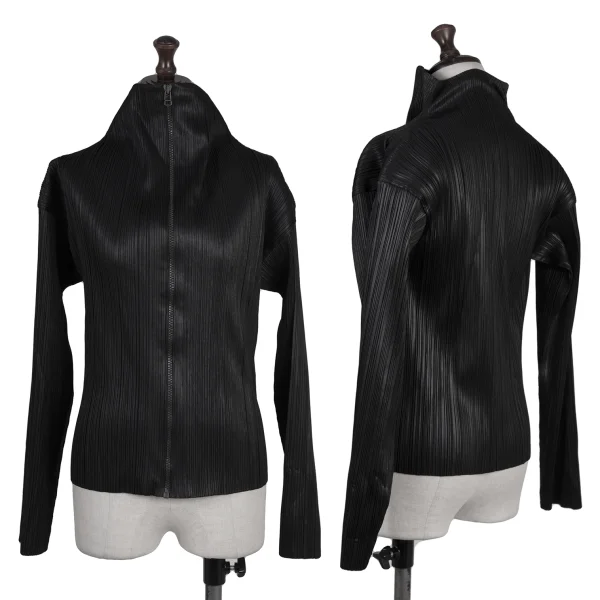 ISSEY MIYAKE Pleated Zip Up Mock Neck Top Black M K-175529_001