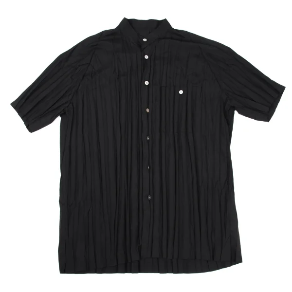 Unbranded Pleated Band Collar Short Sleeve Shirt Black L K-175530_001