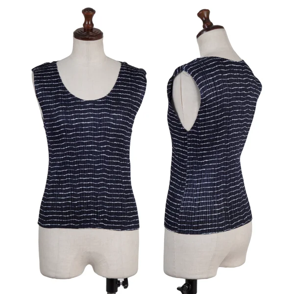 PLEATS PLEASE Stripe Print Sleeveless Top Navy,White 3 K-175540_001