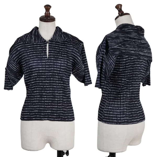 PLEATS PLEASE Striped Print Skipper Sailor-Collar Blouse Navy,White 3 K-175541_001
