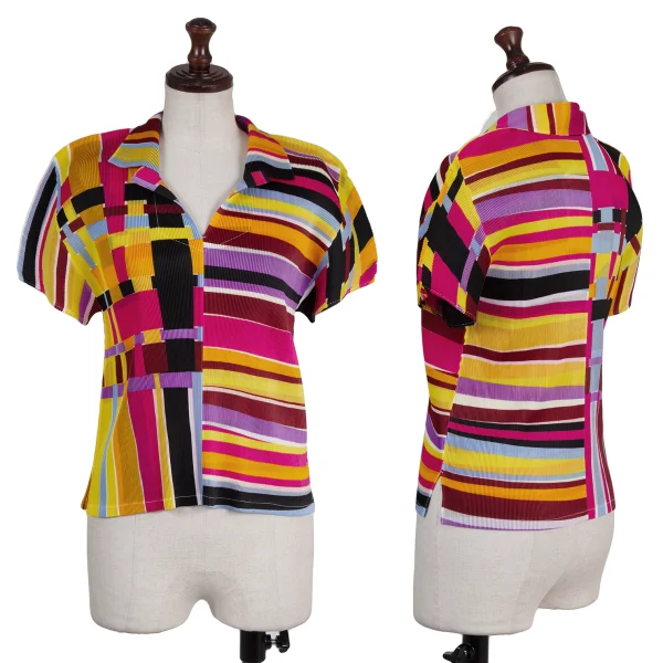 PLEATS PLEASE Colorful Panel Print Mist-Pleat Skipper Polo Shirt Multi-Color 3 K-175547_001