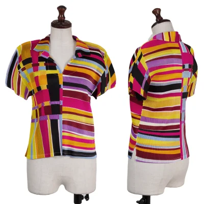 PLEATS PLEASE Colorful Panel Print Mist-Pleat Skipper Polo Shirt
