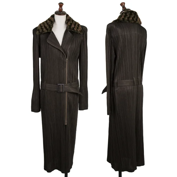 PLEATS PLEASE Detachable Boa Collar Zip Up Coat Khaki 4 K-175554_001