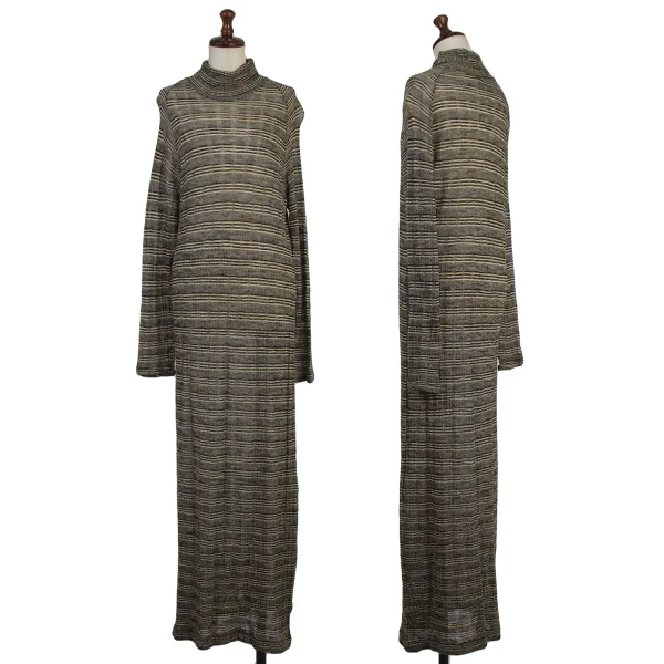 Y's Wool High-neck Striped Sheer Knit Dress Ivory,Black S-M K-175618_001