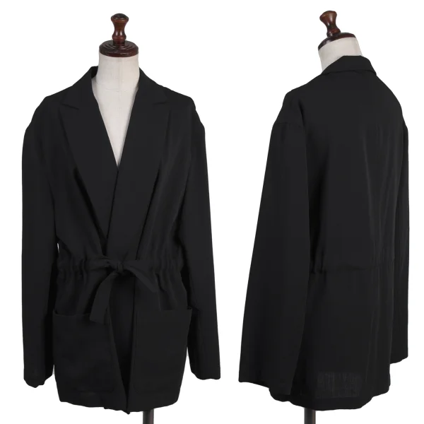 Y's Wool Gabardine Waist Drawstring Buttonless Jacket Black S-M K-175626_001