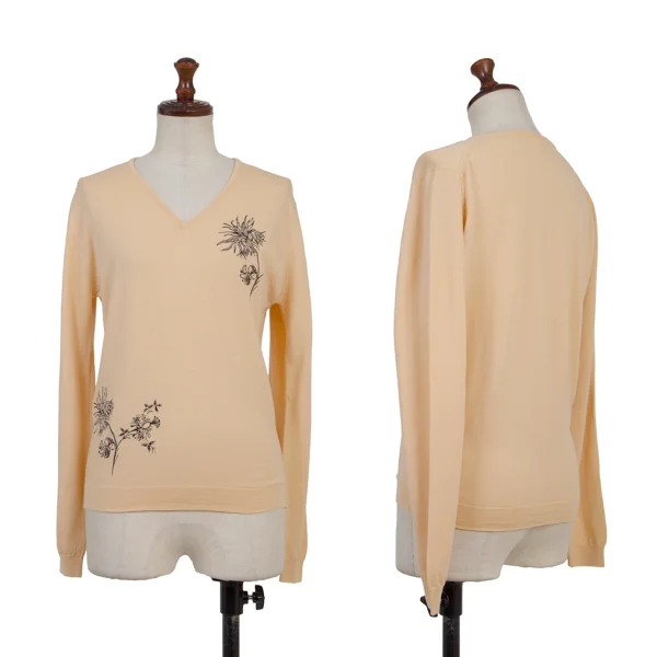 JOHN SMEDLEY Merino Wool Floral Embroidery V-Neck Knit Top Beige M K-175669_001