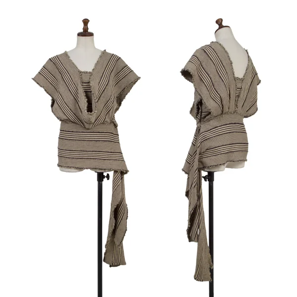 ISSEY MIYAKE Cotton Stripe Weave Cut-off Side Open Design Sleeveless Top Beige,Black 9 K-175674_001