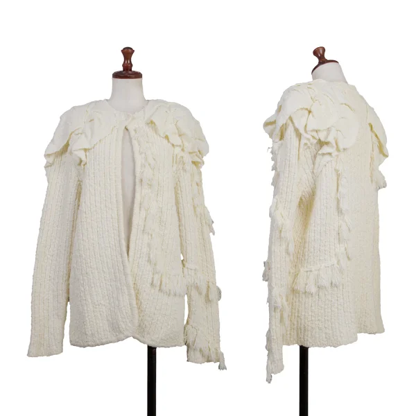 ISSEY MIYAKE Cotton Rayon Fringe Design Knit Cardigan White S-M K-175675_001