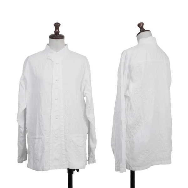 ISSEY MIYAKE HaaT Cotton Graphic Embroidered Stand Collar Blouse White 2 K-175753_001
