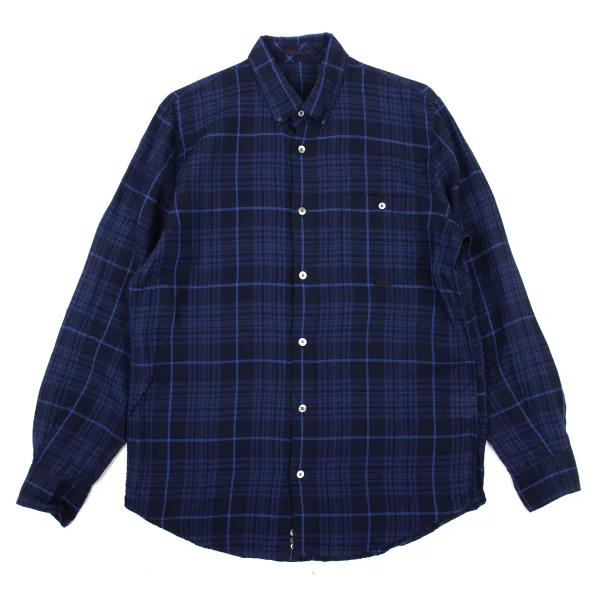 Papas Linen Button Down Check Shirt Navy 48M K-175757_001