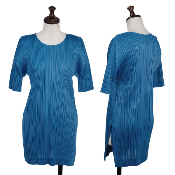 PLEATS PLEASE Side Slit Long T Shirt Blue 3 K-175788_001