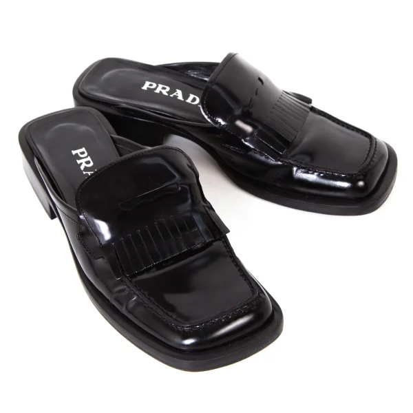 PRADA Fringe Leather Square Toe Mules Black 35.5 K-175844_001