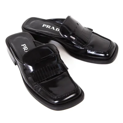 PRADA Fringe Leather Square Toe Mules