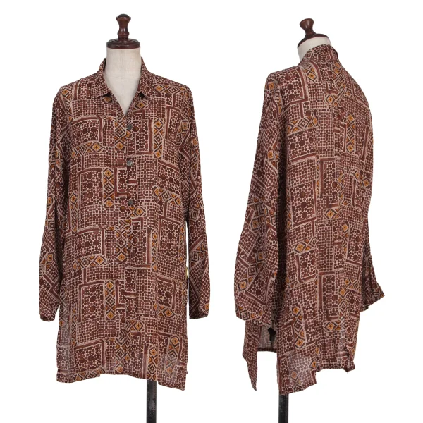 Y's Geometric Print Side Slit Blouse Brown S-M K-175869_001