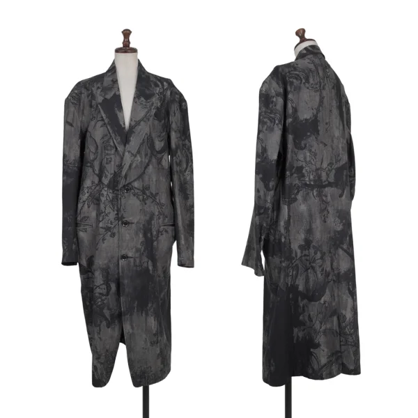 Y's Ink-Wash Style Print Denim Chesterfield coat Charcoal 1 K-175953_001