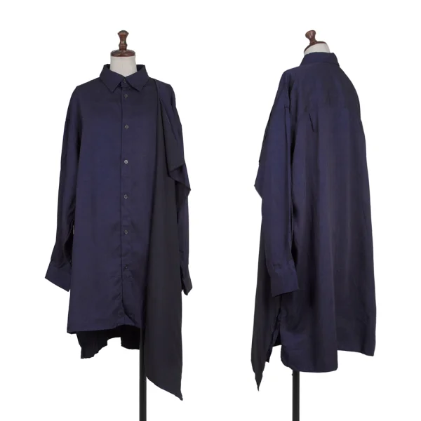 Y's Draped Design Cupro Long Blouse Navy 1 K-175962_001