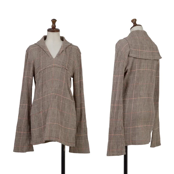 TSUMORI CHISATO Plaid Pleated Sailor Collar Top Beige M K-176022_001
