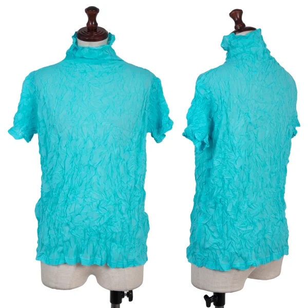 Unbranded Wrinkle Pleats High Neck Short Sleeve Top Sky blue S-M K-176128_001