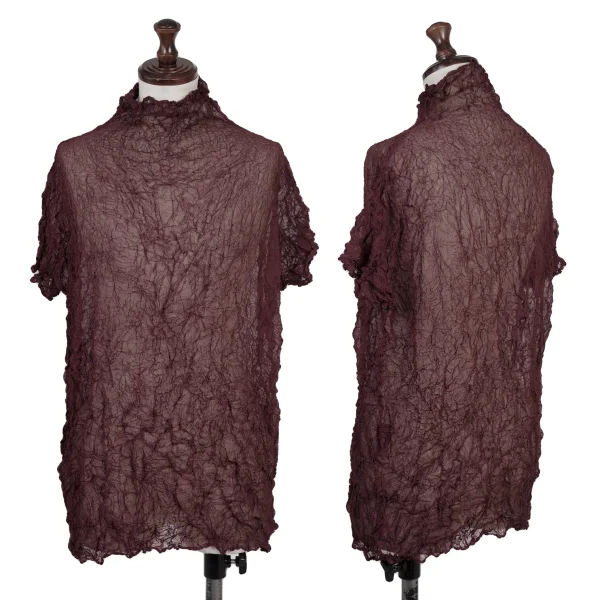 ISSEY MIYAKE PERMANENTE Wrinkle Pleats High Neck Short Sleeved Top Bordeaux S-M K-176132_001