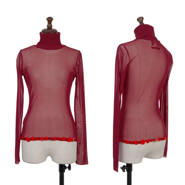 JPG by GAULTIER Hem Buttons Mesh Turtleneck T Shirt Bordeaux 40 K-176207_001