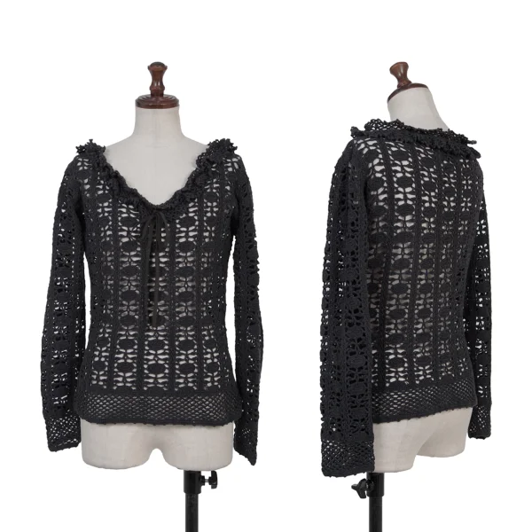 JUNIOR GAULTIER Neck Ribbon Cotton Lace Knit Top Black 40 K-176210_001