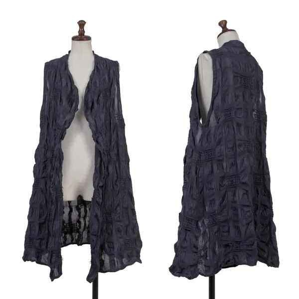 Y's for living Linen Blend Check Weave Long Vest Navy S-M K-176312_001